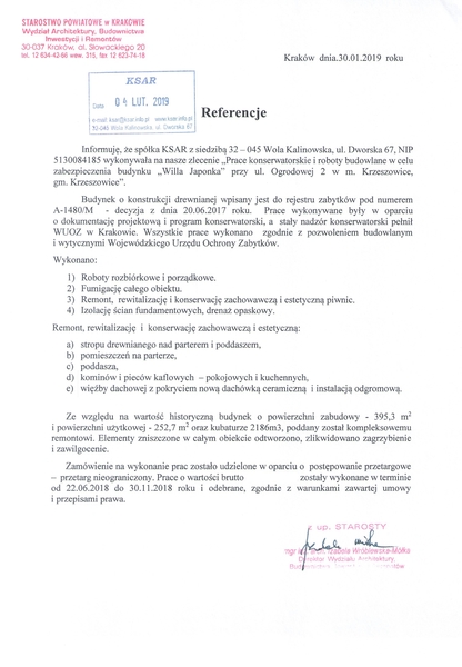Fumigacja, zabezpieczenie p.poź. konserwacja, rekonstrukcja, rewitalizacja Willa Japonka Krzeszowice woj. małopolskie