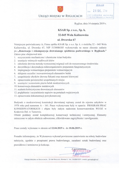 Konserwacja, rekonstrukcja, renowacja, XVIII w. spichlerza Ryglice woj. małopolskie pow. tarnowski