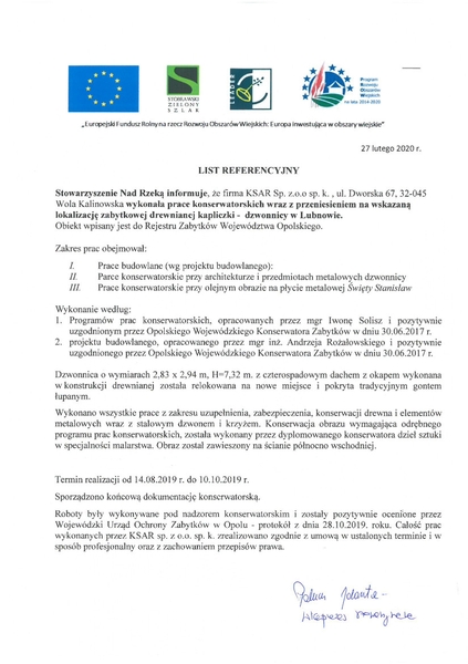Przeniesienie, rekonstrukcja, konswerwacja dzwonnicy Lubnów woj. opolskie