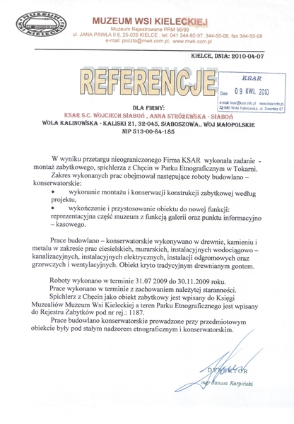 Rekonstrukcja, konserwacja, spichlerz z Chęcin Tokarnia pow. Kielce woj. świętokrzyskie