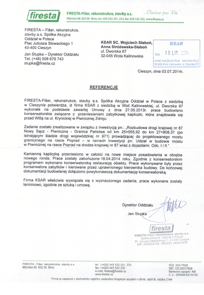 Translokacja kapliczki Piwniczna woj małopolskie pow. Nowy Sącz dla FIRESTA